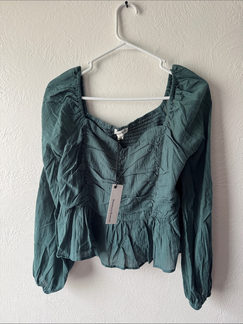 Newbury Kustom Teal Green Smocked Peplum Blouse with Puff Sleeves